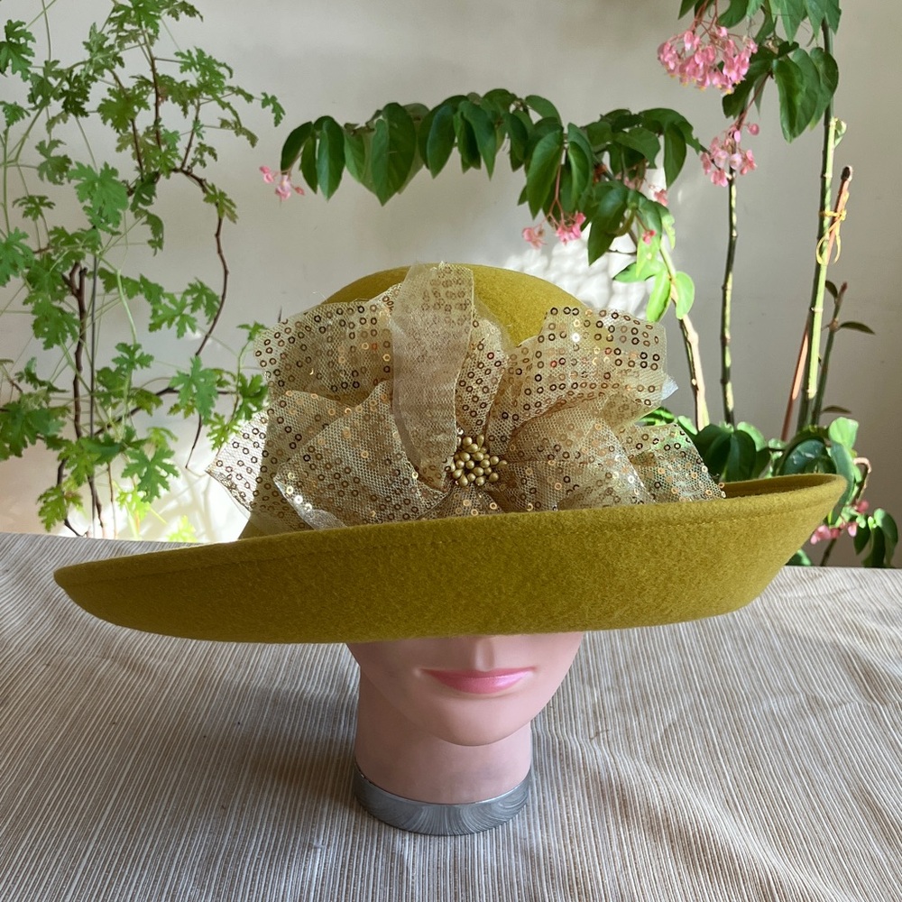 Chic Mustard Yellow Wool Women's Hat with Gold Sequined Floral Detail